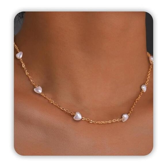 Heart Gold Pearl Necklace Jewelry Dainty Choker for Women Gold Gift Pearl - Picture 1 of 7